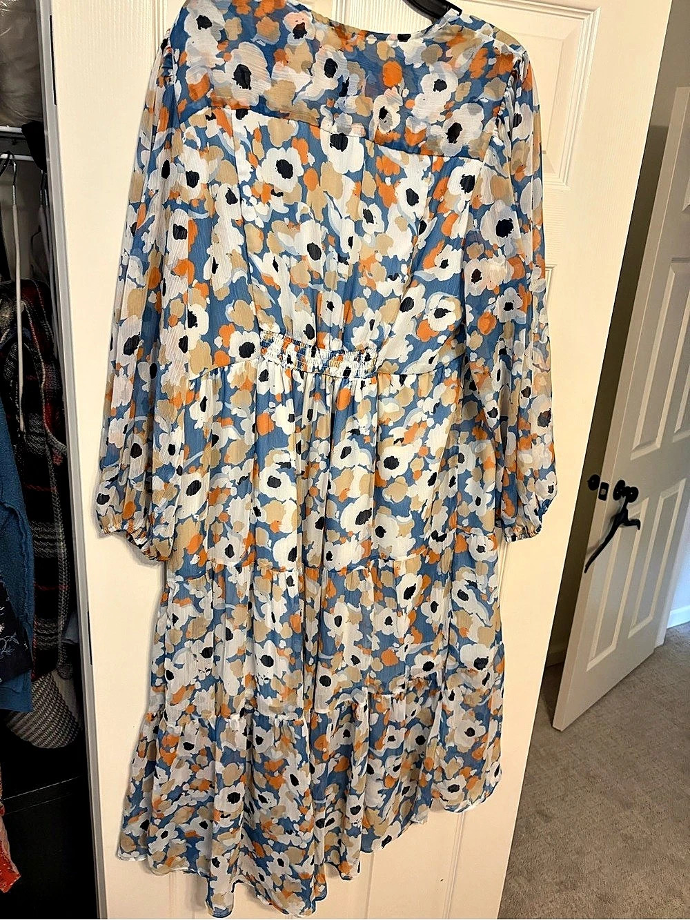 Joie Floral V-Neck Tiered Midi Dress Blue & Orange XXL